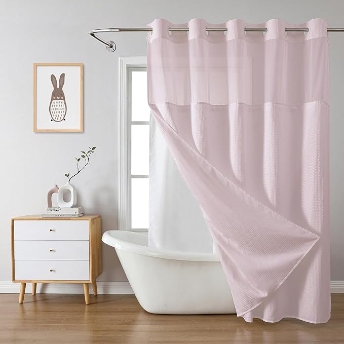 BlushPink No Hook Waffle Weave Shower Curtain with snap-in Liner Replacement, 230GSM Waterproof Fabric Hotel Shower Curtain Set for Bathroom, Through Mesh Top Window,71Wx74H