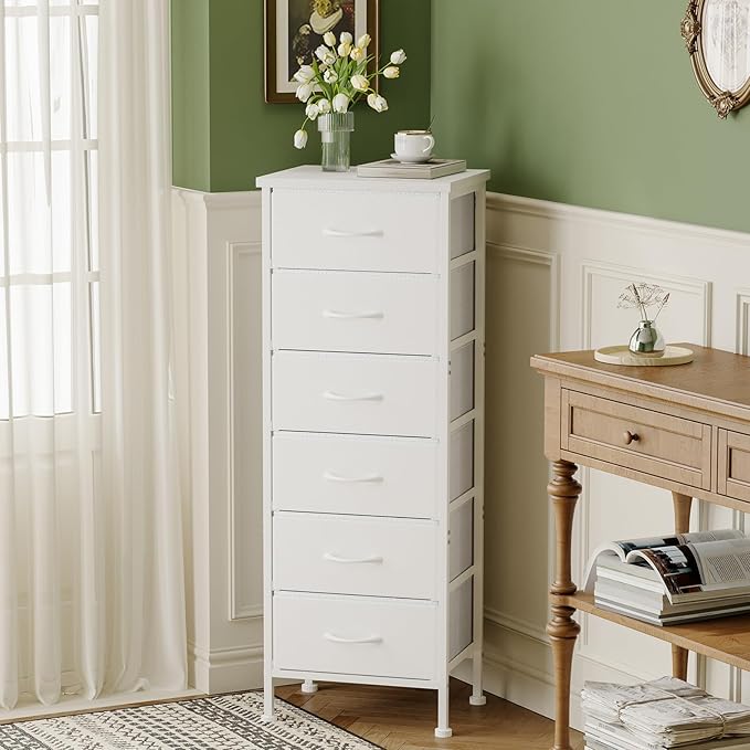 Fixwal White Tall Dresser for Bedroom Closet Organizers and Storage Tall Fabric Dresser with 6 Drawers, Small Clothes Storage Girl Bedroom Furniture