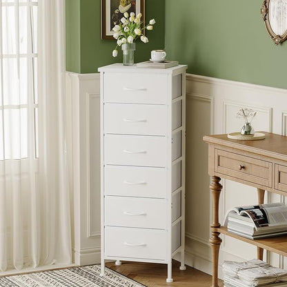 Fixwal White Tall Dresser for Bedroom Closet Organizers and Storage Tall Fabric Dresser with 6 Drawers, Small Clothes Storage Girl Bedroom Furniture