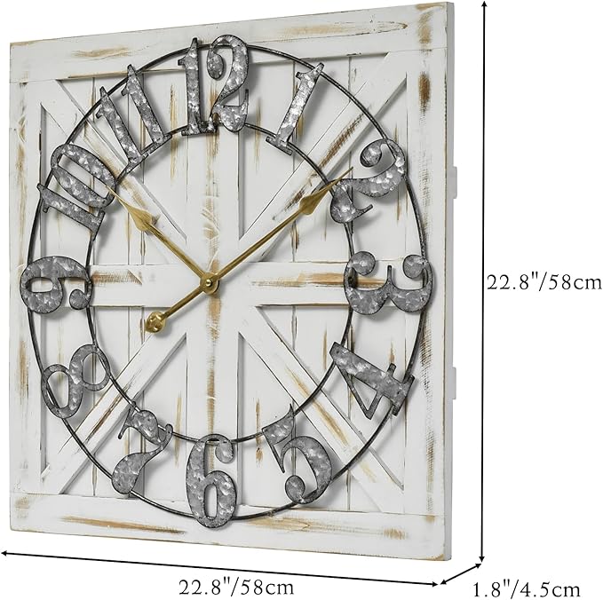 Large Farmhouse Wall Clock – 24 Inch White Square Rustic Wooden Clock with Decorative Reversible Wooden Sign, Perfect for Any Space and Ideal Gift