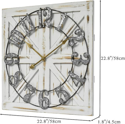 Large Farmhouse Wall Clock – 24 Inch White Square Rustic Wooden Clock with Decorative Reversible Wooden Sign, Perfect for Any Space and Ideal Gift