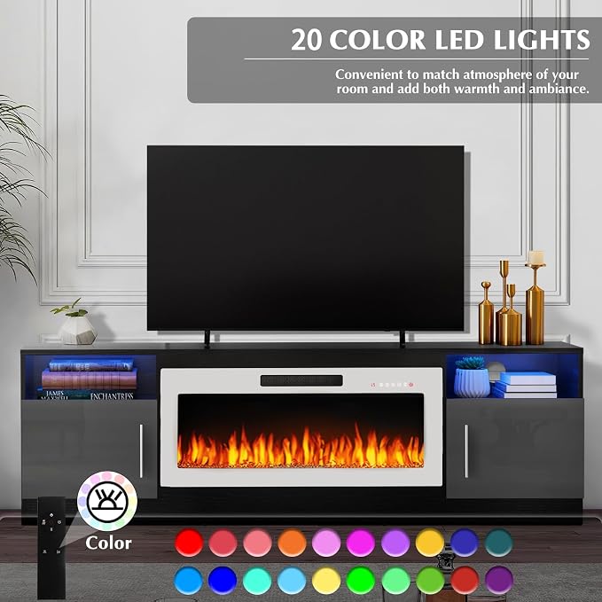 LEMBERI 70" Black TV Stand with 36" White Electric Fireplace, 750W/1500W Entertainment Center for TVs up to 80", 20-Color LED, 300lbs Max Capacity High Gloss Cabinet, Two-Tone Style