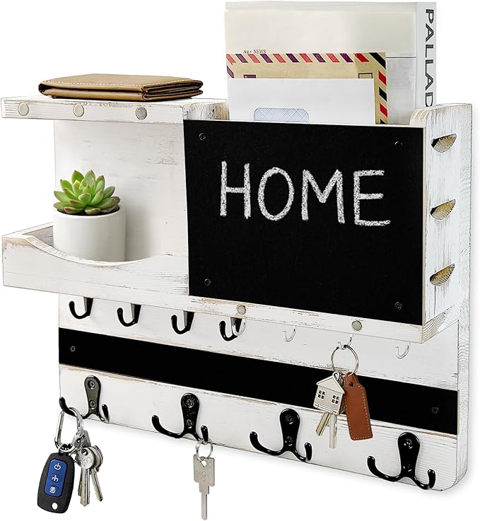 Key Holder for Wall Mount with Shelf and Mail Organizer, Key and Mail Holder with 16 Hooks, Farmhouse Entryway Organizer, Home Decor Rack (Pine Wood, White Washed)