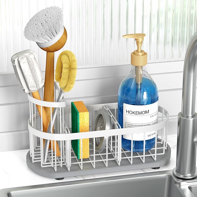 HOKEMOM White Sponge Holder for Kitchen Sink,Sink caddy organizer - 2.6mm Thick 304 Stainless Steel Caddy with Rust-Proof Coating, Non-Slip No-Drain Base. Dimensions: 9.84" x 4.72" x 5.83"