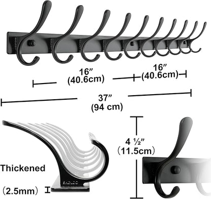 SKOLOO Coat Rack Wall Mounted - 10 Hooks, Pack of 2, Heavy Duty, Stainless Steel, Metal Wall Hanger, Sturdy Coat Hooks for Hanging Coats, Jacket, Clothes, Hat, Black