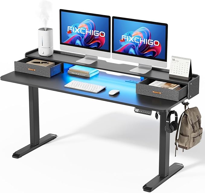Electric Standing Desk with Drawers, 63 Inch Height Adjustable Desk with Power Outlets & LED Lights, Sit Stand Table with Monitor Stand for Home, Office, Black