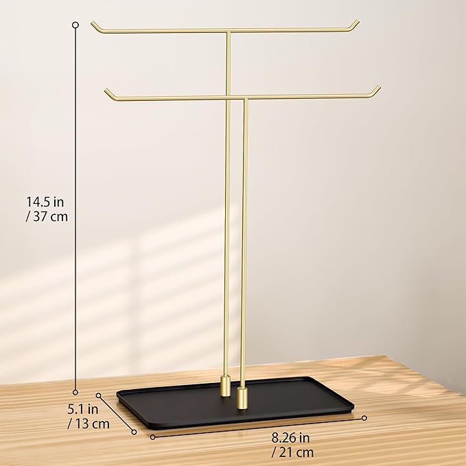 bussdis Necklace Holder Jewelry Stand Organizer for Necklaces and Bracelets, Metal Display Stand, Gift for Women, Ideal for Home, Bedroom, or Vanity, Gold and Black