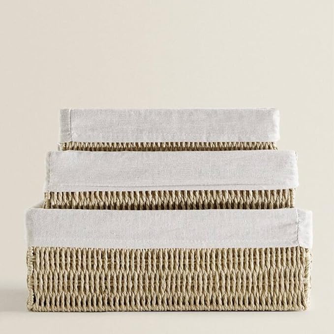 Woven Storage Baskets Set of 3 – Handmade Paper Rope Rectangular Organizer for Closet, Bathroom, Shelf & Living Room, Decorative Khaki Storage Bins for Home