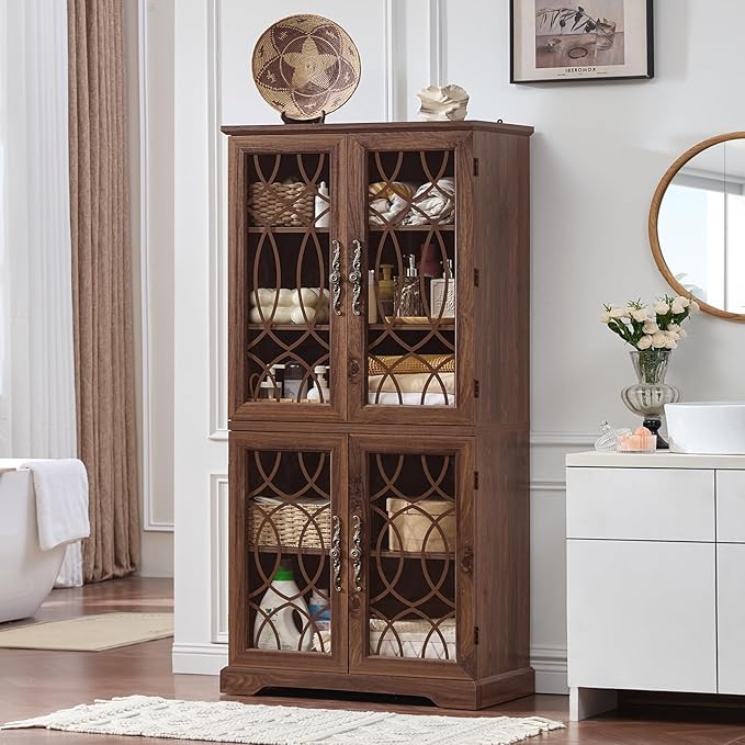 67" Tall Pantry Cabinet, Vintage Kitchen Pantries Cabinets with Glass Doors & Adjustable Shelves, Freestanding Wood Cupboard with Large Storage for Dingning Room, Bathroom, Brown