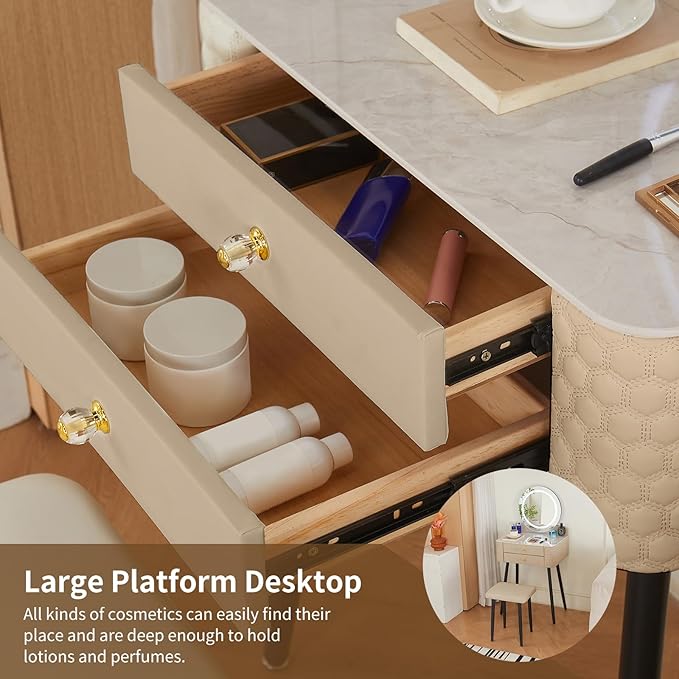 Makeup Vanity with Round Mirror,Light,Two Drawers,Cushioned Stool Set.Small Dressing Table for bedrooms and Dressing Rooms.Beige-Gray