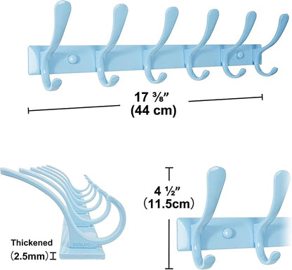 SKOLOO Heavy Duty Wall Mounted Coat Rack - 6 Hooks, Stainless Steel, Pack of 2, Sturdy Coat Hooks for Hanging Clothes, Jacket, Hat, Blue