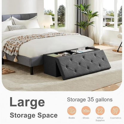 Sweetcrispy 43 Inch Folding Storage Ottoman Bench, Large Hidden Storage Chest with Padded Seat, Foot Rest Stool Supports Up to 660Lbs, End of Bed Bench for Bedroom, Living Room, Linen Fabric, Grey
