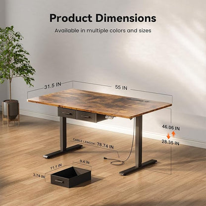 HLDIRECT Electric Standing Desk, 55 x 31.5 Inches Height Adjustable Table with Outlets, Sit Stand Computer Desk with Drawers for Home Office, Ergonomic Rising Workstation, Rustic Brown