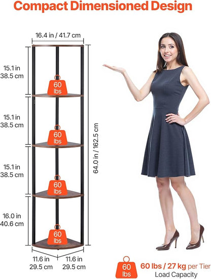 VEVOR 5 Tier Corner Shelf with LED Light, 64" Tall Corner Bookshelf with Storage Shelves for Collectibles, Display Shelf with Multi-Color Lights Controlled Via RC/APP for Bedroom, Living Room, Office