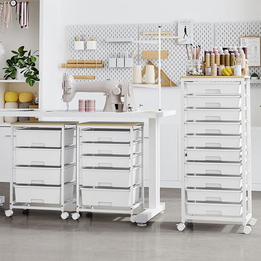 SYKIARIOL Rolling Cart with Drawers,10 Drawer Rolling Cart,Storage Cart with Wheels,Utility Cart with Drawers,Teacher Cart for Classroom Storage,Craft Cart with Wheels and Wooden Tabletop,White