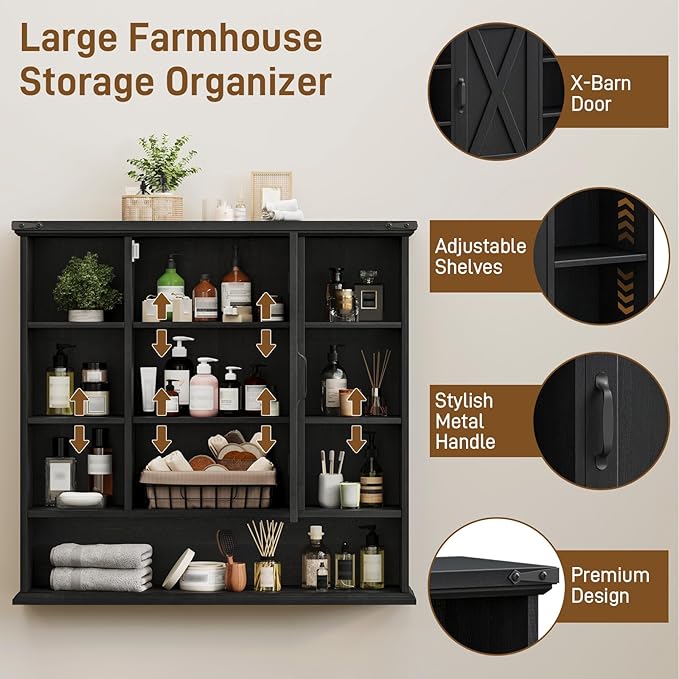 Bathroom Wall Cabinet, Farmhouse Medicine Cabinet with Adjustable Shelves and Barn Doors, Large Wall Mounted Over The Toilet Storage Cabinet for Bathroom, Laundry Room, Kitchen, Rustic Black