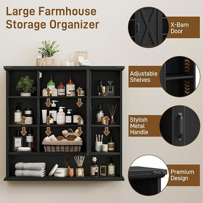 Bathroom Wall Cabinet, Farmhouse Medicine Cabinet with Adjustable Shelves and Barn Doors, Large Wall Mounted Over The Toilet Storage Cabinet for Bathroom, Laundry Room, Kitchen, Rustic Black