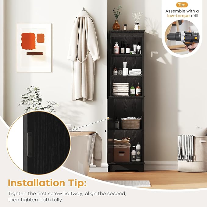 Narrow Bathroom Storage Cabinet with Door and Open Adjustable Shelves, 60.9" H Wooden Tall Tower Corner Farmhouse Cabinet, Freestanding Organizer for Kitchen, Entryway Black