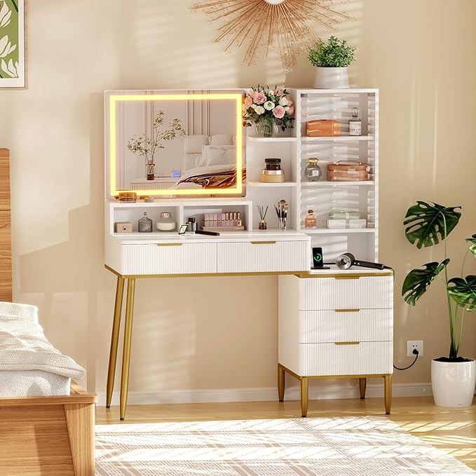 Lighted Vanity Desk with Mirror & Lights – Compact Vanity with5 Drawers ， Built-in Power Strip & USB, Adjustable Shelves, Fluted Panel Design, Makeup Organizer with Storage Shelf for Bedroom,White