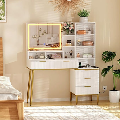 Lighted Vanity Desk with Mirror & Lights – Compact Vanity with5 Drawers ， Built-in Power Strip & USB, Adjustable Shelves, Fluted Panel Design, Makeup Organizer with Storage Shelf for Bedroom,White