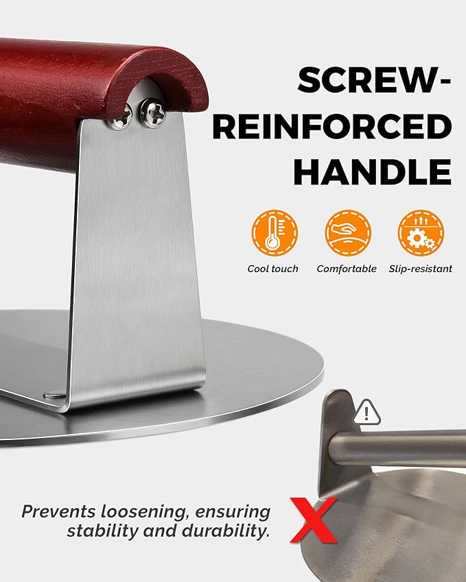 HULISEN 6.2" Stainless Steel Smashed Burger Press with Extra Wide Heat-Resistant Wood Handle, Burger Smasher for Flat Top Griddle, Grill, Skillet, Cast Iron Pan, Hamburger Cooking Accessories