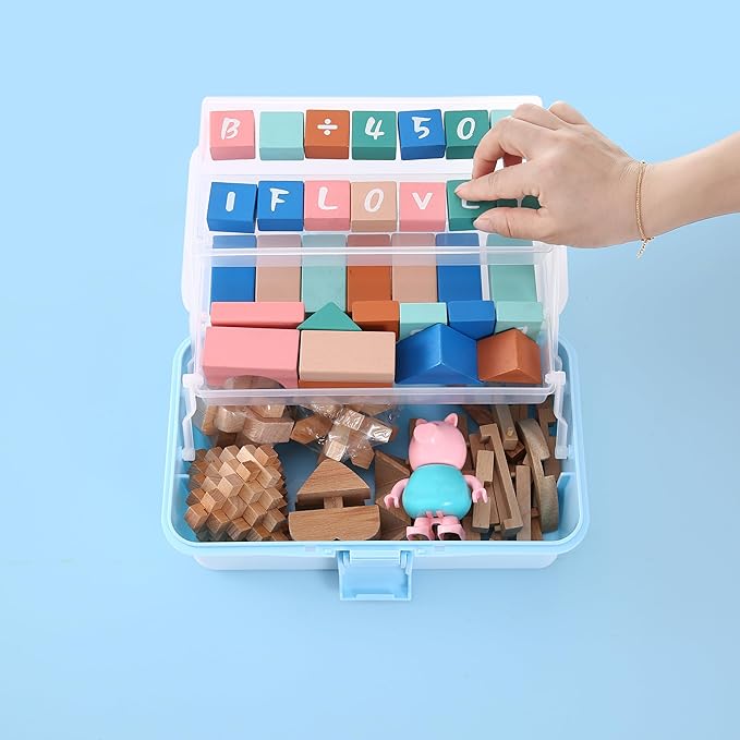 Flower River 11(in) Versatile Three-Layer Folding Organizer Box,Ideal for Art & Crafts,Toys,Sewing Supplies,Jewelry and Tools,Storage with Dual Trays,Elegant Blue