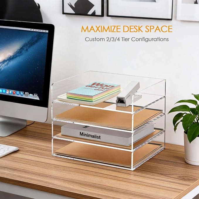 SANRUI Stackable 4-Tier Acrylic Desk Organizer, Clear Paper Letter Tray, Space-Saving Document File Holder for Home Office Workspace
