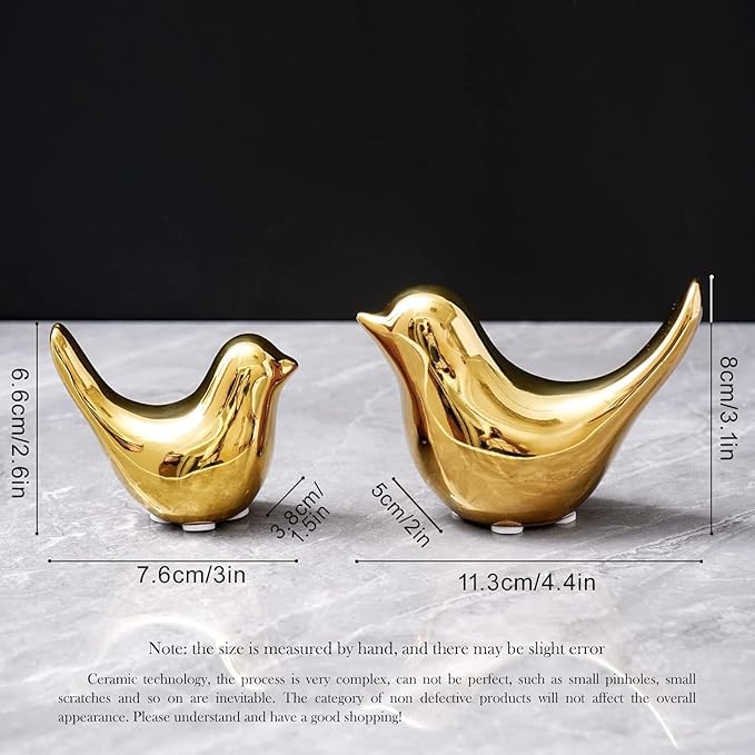 WhimWove 2 Pcs Ceramic Small Bird Figurines Modern Animal Statues for Home 、Room Decor and Bedroom Decor and Bookshelf Display (Gold)