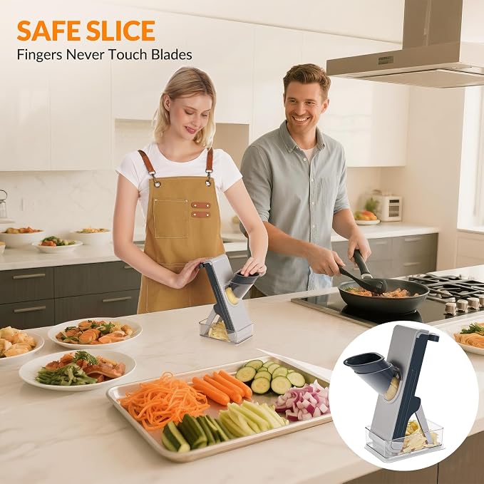 FEICO Safe Mandoline Slicer for Kitchen, Adjustable 0.5–8 mm, Stainless-Steel Blades, Anti-Slip, Dishwasher-Safe Handheld Mandoline Slicer, Compact Mandoline Food Slicer