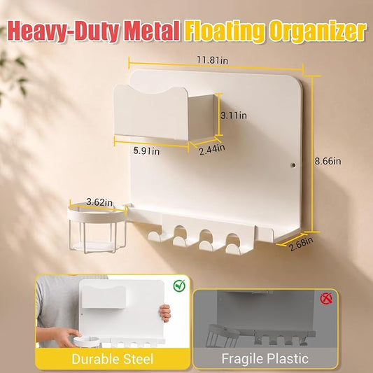 Metal Bedside Wall Shelf, No Drill Floating Bedside Shelf Wall Organizer | Bedside Wall Shelf with Detachable Cup Holder for Bedroom, Dorm, Nightstand Alternative, Bunk Bed Accessories & RV Storage