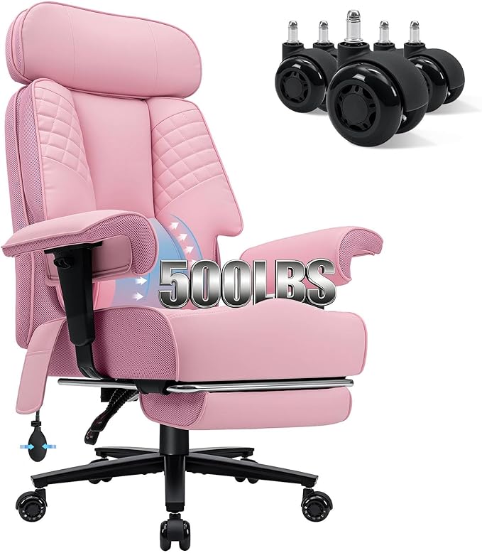 HOFFREE Big and Tall Office Chair 500lbs for Heavy People Executive Office Desk Chair with Wide Seat PU Leather Computer Chair with Adjustable Lumbar Support Pink