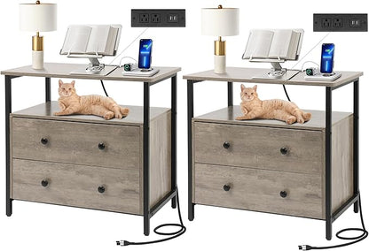 27 inch Wide Night Stand Set 2 with Charging Station, Bedside Table with Open Shelf, 2 Drawers Small Wood Dresser, Modern Wood Nightstand for Bedroom/Living Room (Rustic Gray)