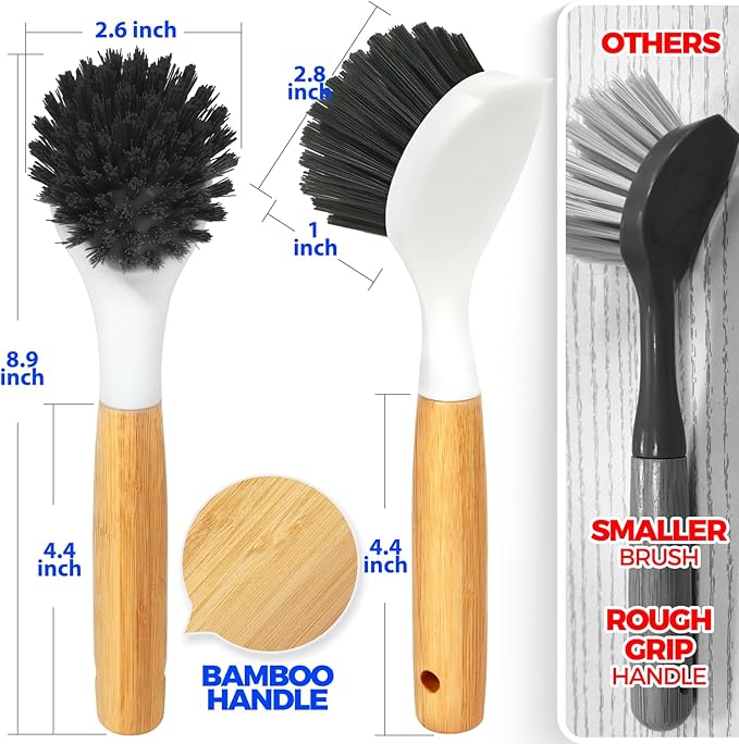 Holikme 3 Pack Cast Iron Brush and Scraper with Bamboo Handle – Skillet Scrubber with Tough Nylon Bristles, Kitchen Cleaner for Cleaning Skillet, Grill Pan, Black
