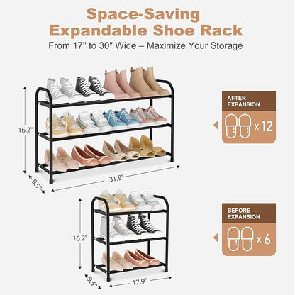 Expandable Shoe Rack for Closet, 18"-32" Metal Shoe Rack for Entryway 3-Tier Adjustable Width Free Standing Shoe Shelf 12 Pairs Small Shoe Organizer for Front Door Garage Bedroom Dorm, Black