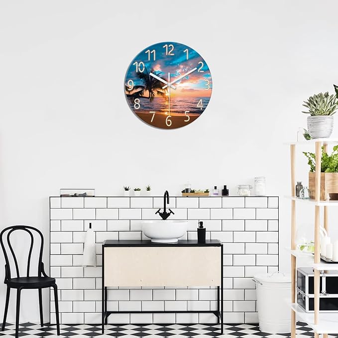 XFM Blue Nautical Beach Wall Clocks Battery Operated Palm Tree Wall Clocks for Living Room 12 Inch Round Glass Silent Wall Clock Non Ticking Sunset Clock