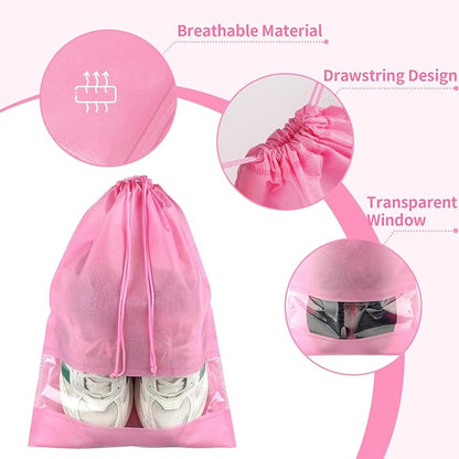Large Pink Travel Shoe Bags - 10 Pcs, Non-Woven Drawstring with Clear Window (12.6" X 17.3")