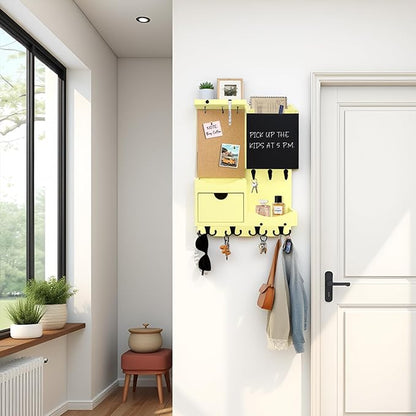 Key Holder Wall Mount， Mail Organizer Key Holder for Wall with Shelf, Drawer, Chalkboard, Corkboard, Home Decor Wall Mounted for Room Entryway (Ivory Yellow)