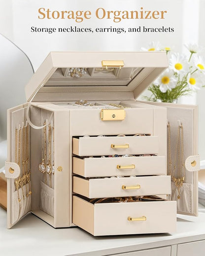 TORIBIO Jewelry Box for Women, Leather Jewelry Organizer with Mirror & Lock, 5-Tier Jewelry Storage Organizer with 4 Drawers for Girls/Women/Mothers, Necklace Earring Bracelets Holder Organizer