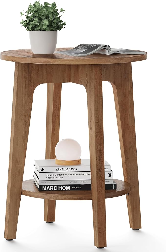 VASAGLE MAEZO Collection - Side Table, 2-Tier Small Round End Table, Nightstand with Tapered Legs, Curved Transitions, for Small Spaces, Living Room, Bedroom, Rustic Walnut ULET283T41