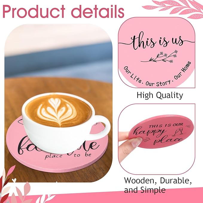Queekay Coasters Set of 6 House Warming Gifts New Home Wooden Farmhouse Drink Coasters with Holder 4'' Funny Decoration for Kitchen Family Coffee Bar Tabletop Protection(Pink)