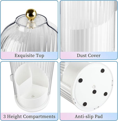 Makeup Brush Holder Organizer, 360 Rotating Makeup Brush Holder, Dustproof Waterproof Material & with 3 Compartments for Organized Storage, Dressing Tables Clear Storage Skincare Cosmetic (White)