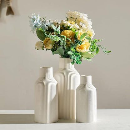Bohemian White Ceramic Vase - for Pampas Grass, Mantel, Bookshelf, Entryway and Living Room Decor (White, Set of 3)