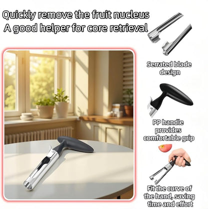 Premium Stainless Steel Apple Corer, Professional Fruit Core Remover Tool with Ergonomic Black Handle, Serrated Blades for Apples, Pears, Peaches, Plums, Easy Use & Clean (Black)
