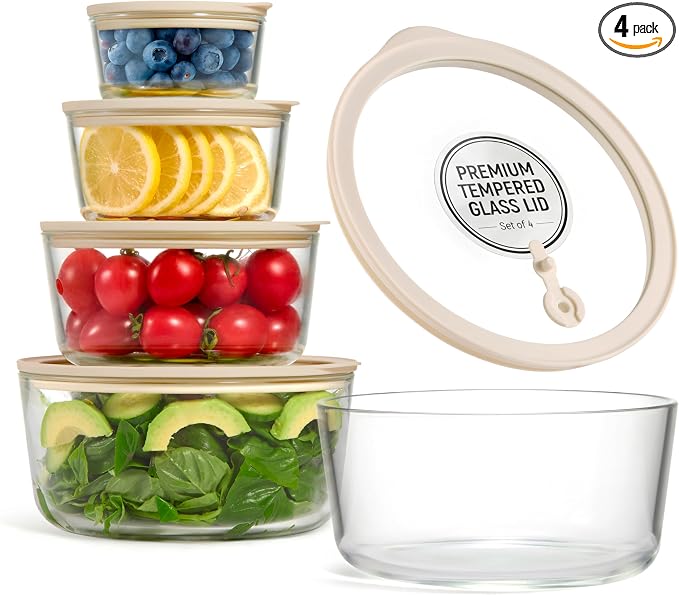 Vase and Vessel Non-Toxic Glass Storage Container Set, Borosilicate Glass, Tempered Glass Lids, Baking Pan, Airtight with Vents, Microwave, Oven & Dishwasher Safe (Circular, Set of 4)