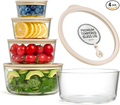 Vase and Vessel Non-Toxic Glass Storage Container Set, Borosilicate Glass, Tempered Glass Lids, Baking Pan, Airtight with Vents, Microwave, Oven & Dishwasher Safe (Circular, Set of 4)