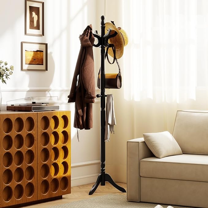 Tangkula Coat Rack Freestanding, Solid Rubber Wood Coat Tree with 11 Hooks and 3 Height Options for Coats, Hats, Bags, Purses, Clothes, Hanger Stand for Entryway Hallway Bedroom Office (Black)