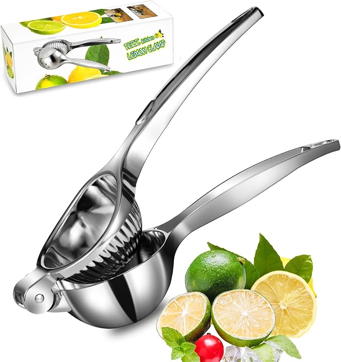 TEZZ Premium Lemon Squeezer, Large Heavy Duty Handhelp Juicer for Lemon, Metal Hand Press Citrus Juicer, Lime Squeezer Bar Tool, Manual Citrus Press | Large bowl ergonomic handle easy handheld press for lemons and limes