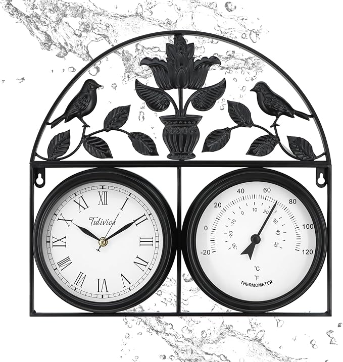 17Inch Large Outdoor Clock,Waterproof Wall Clock with Thermometer,Weatherproof Non-Ticking Quartz Battery Operated Decor Clock for Patio,Garden,Pool,Porch,House Warming Gifts