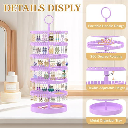 MODOWEY 6 Tier Rotating Earring Holder Organizer Display Tree with Metal Tray, Adjustable Plastic Stand with 342 Slots for Stud Hoop Hanger, Large Capacity Storage Rack for Women, Purple