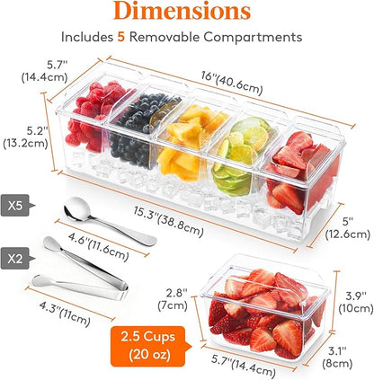 Lifewit Ice Chilled Condiment Caddy with 5x 20 oz Containers, Condiment Server with Lid & Metal Accessories, Serving Tray Platter with Removable Dishes for Bar, Fruit, Salad, Taco, Party Garnish